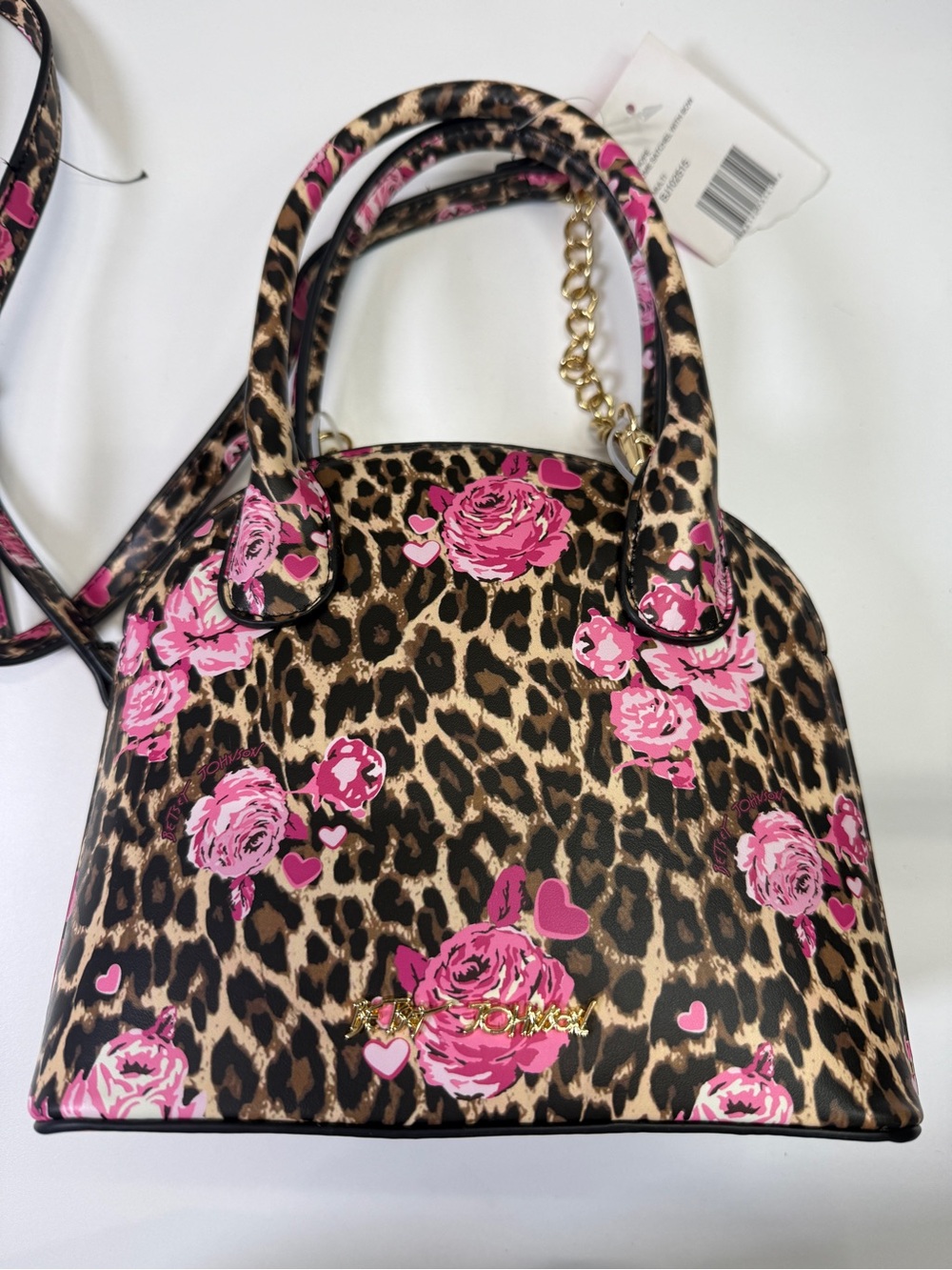 Betsey Johnson Leopard Floral Satchel Bag with Pink Roses